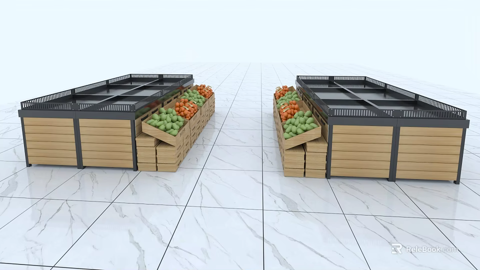 Supermarket Grocery Fresh Produce Display With Fruits Vegetables On Wooden Shelves 3d model 