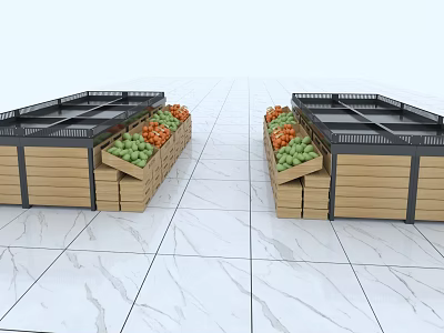 Supermarket Grocery Fresh Produce Display With Fruits Vegetables On Wooden Shelves 3d model