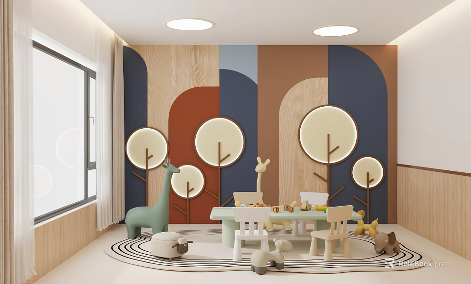 Kindergarten Interior Featuring Colorful Geometric Wall Designs Circular Decor Giraffe Toys Small Tables And Chairs 3d model 