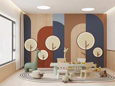 Kindergarten Interior Featuring Colorful Geometric Wall Designs Circular Decor Giraffe Toys Small Tables And Chairs 3d model