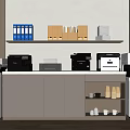 Office Appliances In Modern Office With Printers Filing Cabinets And Organized Shelves