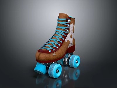 Vintage Roller Skates With Brown Leather Upper Blue Laces And Wheels 3d model