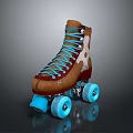 Vintage Roller Skates With Brown Leather Upper Blue Laces And Wheels