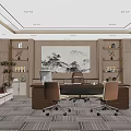 Modern Executive Office Interior With Chinese Landscape Painting Wooden Bookshelves Desk Chairs Sofa And City View