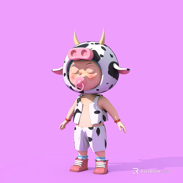 Cute Child Doll Sculpture In Cow Costume With Closed Eyes Sticking Tongue Purple Background 3d model 