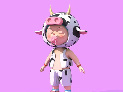 Cute Child Doll Sculpture In Cow Costume With Closed Eyes Sticking Tongue Purple Background 3d model