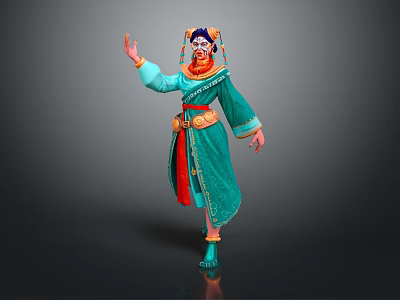 Dynamic Game Movie Character With Turquoise Robe Red Accents And Painted Face Headdress 3d model