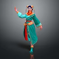 Dynamic Game Movie Character With Turquoise Robe Red Accents And Painted Face Headdress