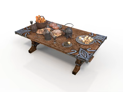 Rustic Wooden Dining Table with Ornate Metal Accents and Food Plates Decor 3d model