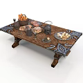 Rustic Wooden Dining Table with Ornate Metal Accents and Food Plates Decor