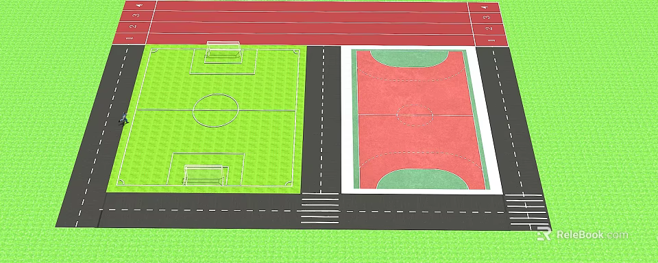 Kindergarten Outdoor Sports Area With Red Track Soccer Field And Basketball Court 3d model 