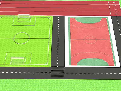 Kindergarten Outdoor Sports Area With Red Track Soccer Field And Basketball Court 3d model