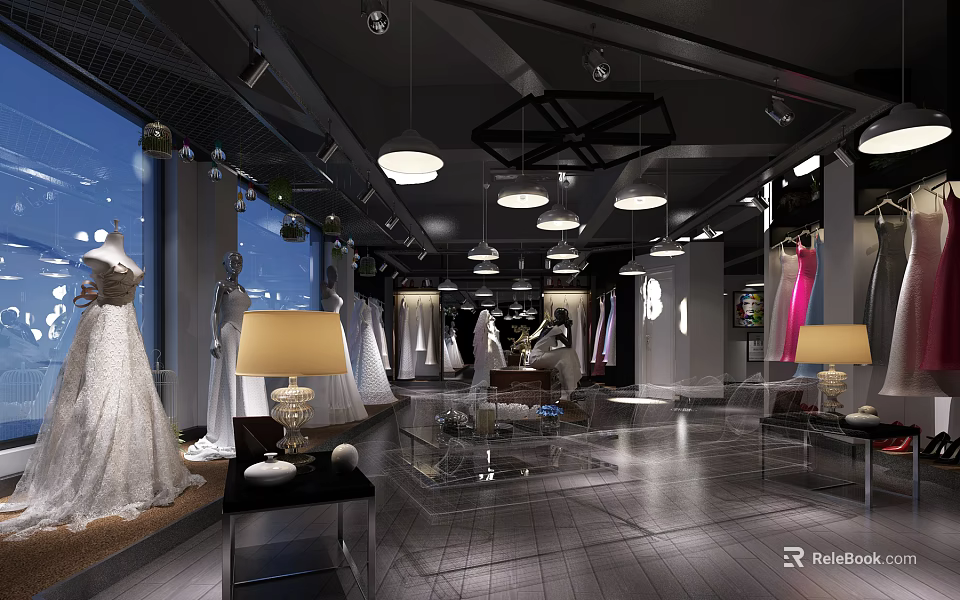 Elegant Spacious Bridal Shop Interior With Wedding Dresses On Mannequins And Modern Lighting 3d model 