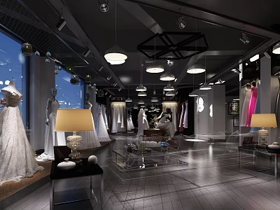 Elegant Spacious Bridal Shop Interior With Wedding Dresses On Mannequins And Modern Lighting 3d model