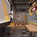 Modern Restaurant Interior With Open Kitchen Tables Chairs Pendant Lights And Menu Boards
