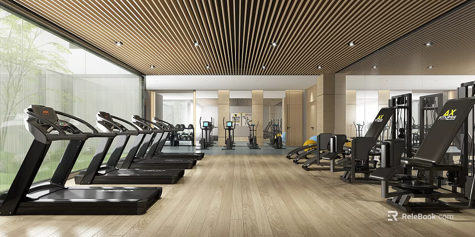 Spacious Modern Gym Interior With Treadmills And Strength Training Equipment 3d model