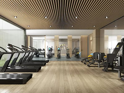 Spacious Modern Gym Interior With Treadmills And Strength Training Equipment 3d model