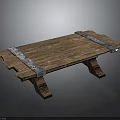 Rustic Wooden Bench Featuring Metal Straps And Sturdy Solid Wood Legs Design 3d model