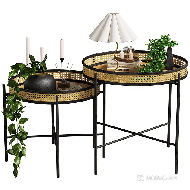 Round Golden Woven Top Side Tables With Black Metal Cross Base And Green Plants Candles 3d model 