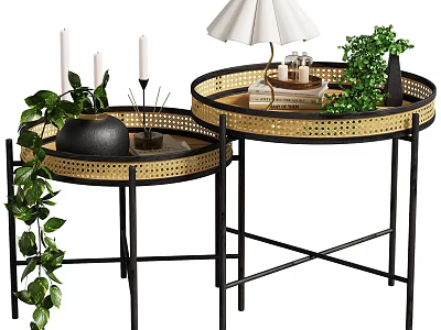 Round Golden Woven Top Side Tables With Black Metal Cross Base And Green Plants Candles 3d model