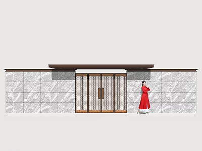 Scenic Wall With Stone Surface Central Lattice Gate Overhead Eave And Red Clad Figure 3d model