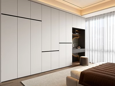Modern Bedroom Interior With Built in White Wardrobes Large Window And Bed 3d model