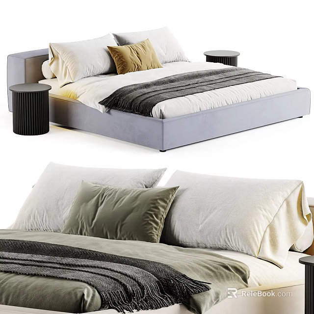 Modern Gray Velvet Double Bed With White Yellow Green Pillows Striped Blanket And Black Nightstands 3d model 