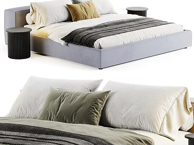 Modern Gray Velvet Double Bed With White Yellow Green Pillows Striped Blanket And Black Nightstands 3d model