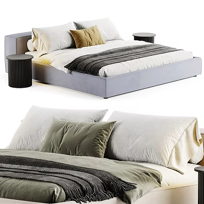 Modern Gray Velvet Double Bed With White Yellow Green Pillows Striped Blanket And Black Nightstands 3d model