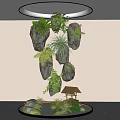 Lush Indoor Landscape With Transparent Cylinder Hanging Rocks Green Plants And Small House Model
