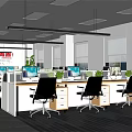 Modern Open Public Office Space With Multiple Workstations Computers Greenery Large Windows And Gray Flooring 3d model