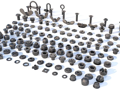 Different Types of Black Metal Mechanical Parts With Bolts Nuts Washers Hooks 3d model