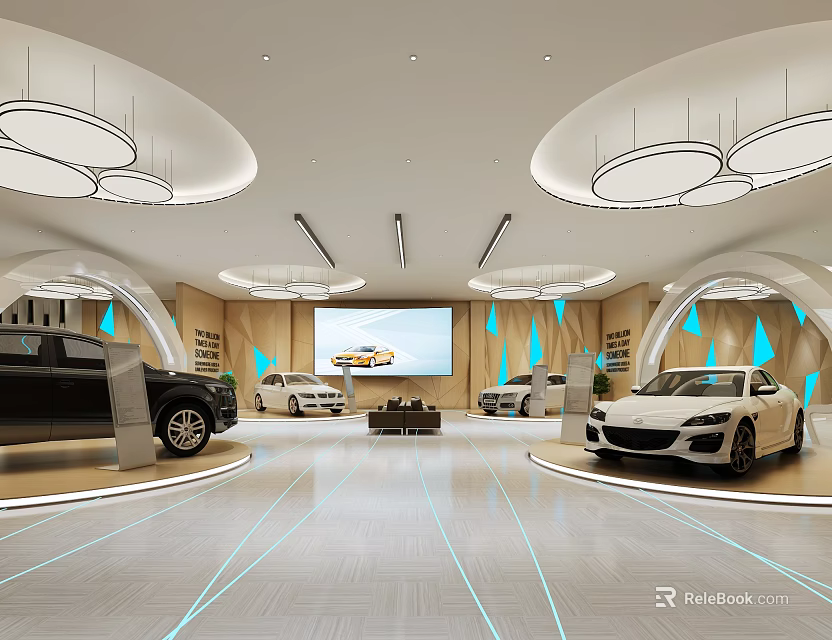 Modern Car Showroom Interior with Sleek Lighting Blue Floor Lines Large Screen And Luxury Vehicles 3d model 