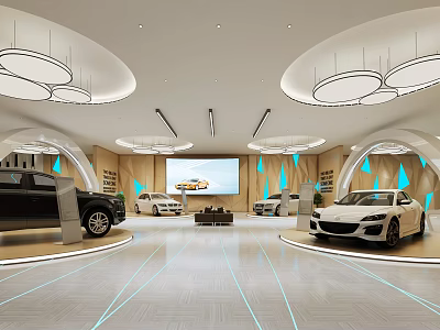 Modern Car Showroom Interior with Sleek Lighting Blue Floor Lines Large Screen And Luxury Vehicles 3d model