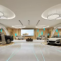 Modern Car Showroom Interior with Sleek Lighting Blue Floor Lines Large Screen And Luxury Vehicles