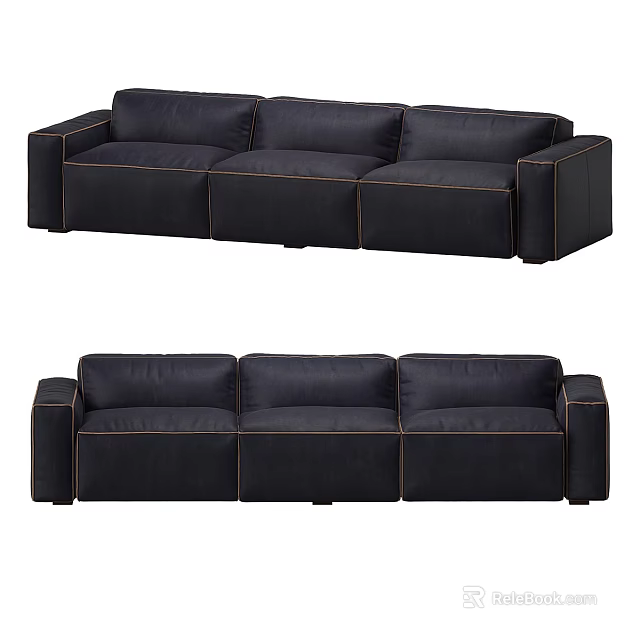Modern Black Leather Three Seater Sofa With Armrests And Tufted Design 3d model