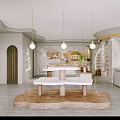 Modern Mall Store Interior With Curved Design Wooden White Counters And Hanging Lights