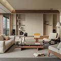 Modern Living Room Interior With Beige Sofa Wooden Bookshelf Coffee Table Floor Lamp And Carpet