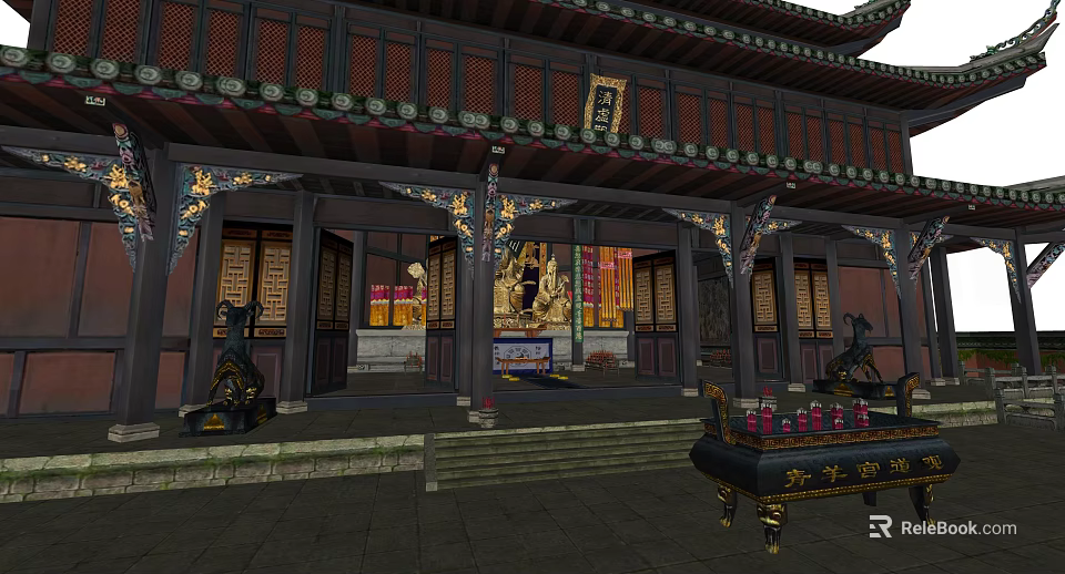 Ancient Chinese Architecture With Traditional Roof Carved Columns Wooden Plaque And Incense Burner 3d model 