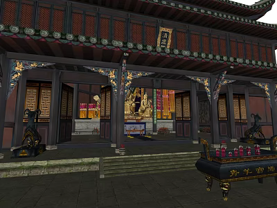 Ancient Chinese Architecture With Traditional Roof Carved Columns Wooden Plaque And Incense Burner 3d model
