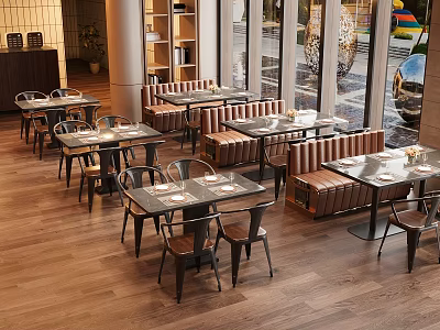 Modern Restaurant Interior Design With Wooden Floors Dining Tables Booth Seats And Large Windows 3d model