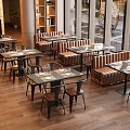 Modern Restaurant Interior Design With Wooden Floors Dining Tables Booth Seats And Large Windows