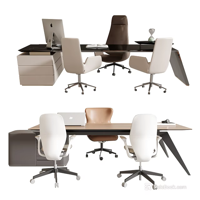 Modern Office Desk Workstation With White Brown Chairs And Storage Drawers 3d model 