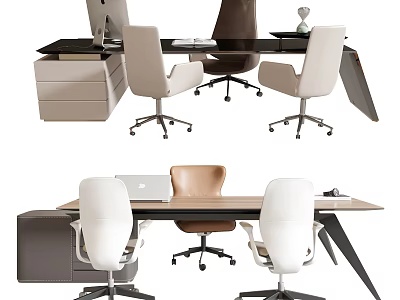 Modern Office Desk Workstation With White Brown Chairs And Storage Drawers 3d model