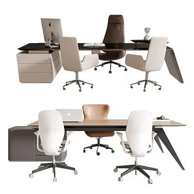 Modern Office Desk Workstation With White Brown Chairs And Storage Drawers 3d model