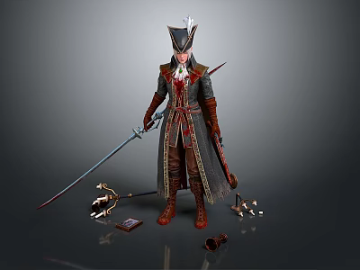 Assassin Themed Man In Feathered Hat Holding Long Sword With Surrounding Tools 3d model