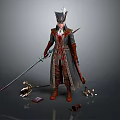 Assassin Themed Man In Feathered Hat Holding Long Sword With Surrounding Tools 3d model