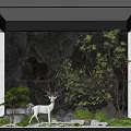 Indoor Landscape with Textured Black Wall White Deer Statue Green Plants Stones and White Pebbles