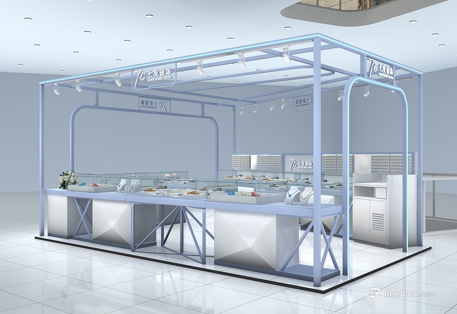 Bright Modern Jewelry Store Showcase Area With Glass Display Cases And Illuminated Jewelry 3d model 