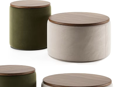 Modern Round Upholstered Stools With Wooden Tops Green And Beige Living Room Design 3d model
